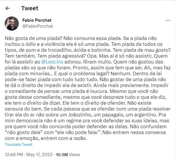 Fábio Porchat defendeu seu posicionamento sobre Léo Lins após críticas