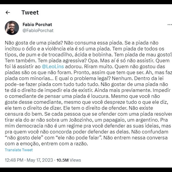 Fábio Porchat defendeu seu posicionamento sobre Léo Lins após críticas