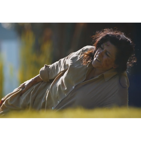 Novela 'Todas as Flores': Zoé (Regina Casé) se arrasta pelo mato, com as duas pernas quebradas, para pegar a arma que foi enterrada com Galo (Jackson Antunes)