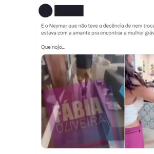 'E o Neymar que não teve a decência nem de trocar de roupa de quando estava com a amante pra encontrar a mulher grávida dele? Que nojo', diz um tweet que viralizou
