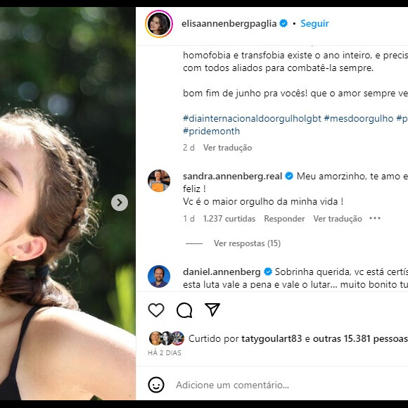 Elisa Annenberg Paglia aproveitou o dia do orgulho LGBTQIAP+ para se assumir e ganhou o apoio da mãe.