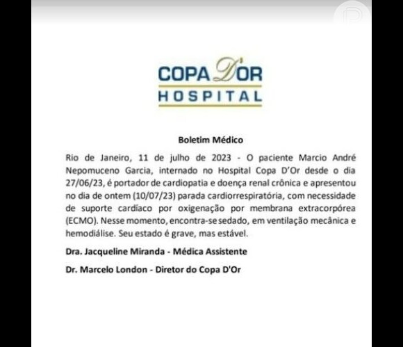 Comunicado publicado no perfil de MC Marcinho confirmando a cirurgia para colocar o coração artificial.