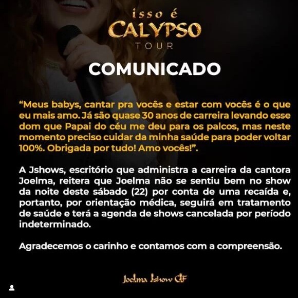 Joelma informou o cancelamento dos shows pelas redes sociais
