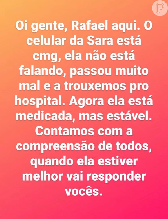 Amigo de Sara Paraíso deu o comunicado aos seus seguidores