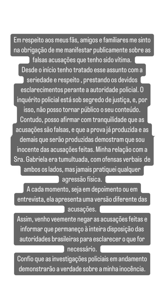 Antony usou suas redes para negar as acusações da ex-namorada Gabriela Cavallin