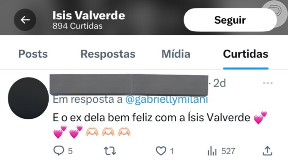 Isis Valverde deu like em tweet que dizia: 'E o ex dela bem feliz com a Ísis Valverde'