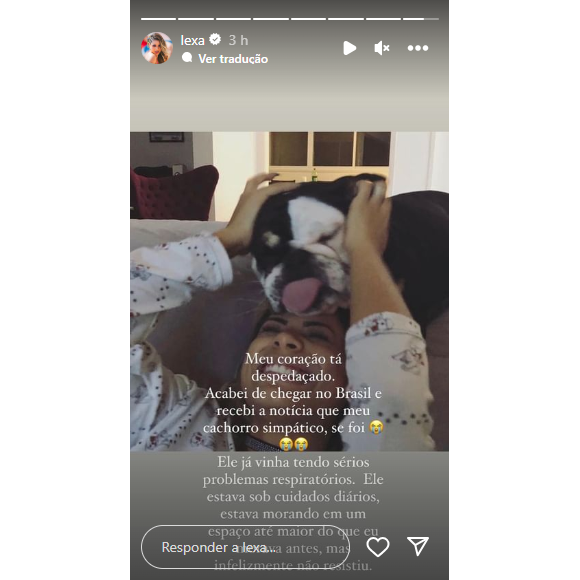 Lexa anunciou com muita tristeza que seu cachorro morreu por conta de problemas respiratórios e teria dado indireta de leve no ex MC Guimê