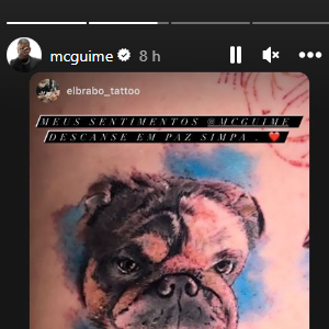 Guimê mostrou que tem uma tatuagem do cachorro que foi dele e de Lexa e que infelizmente morreu