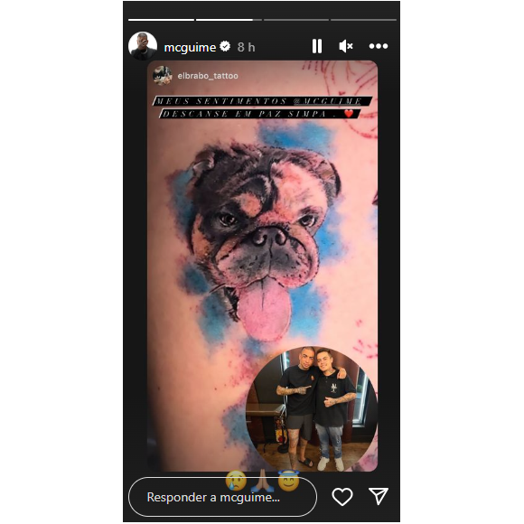 Guimê mostrou que tem uma tatuagem do cachorro que foi dele e de Lexa e que infelizmente morreu