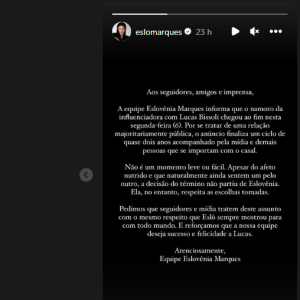 A equipe de Eslevênia publicou um texto no Instagram anunciando o término do relacionamento com Lucas e que a decisão partiu dele