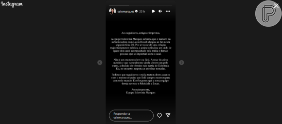 A equipe de Eslevênia publicou um texto no Instagram anunciando o término do relacionamento com Lucas e que a decisão partiu dele