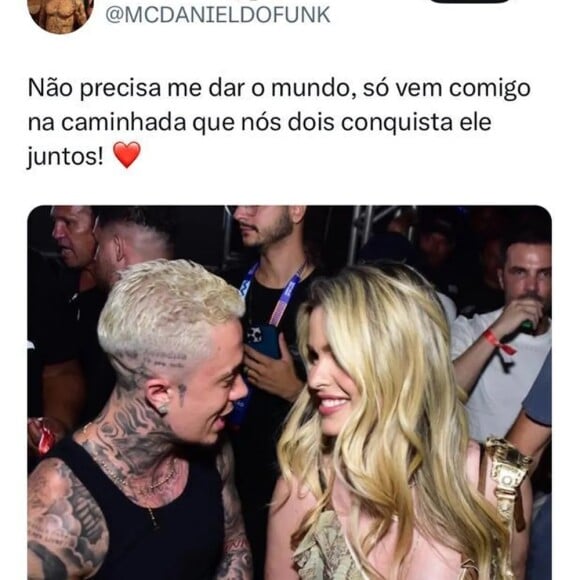 MC Daniel teria feito uma declaração à Yasmin Brunet na rede X