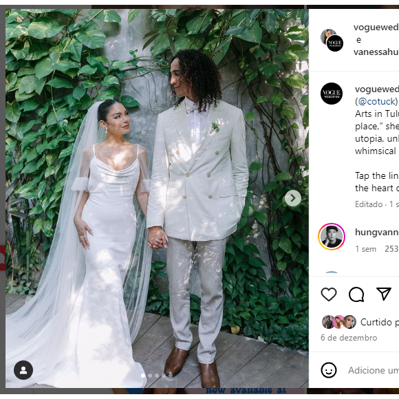 Atriz americana Vanessa Hudgens se casou em dezembro com o jogador de beisebol Cole Tucker usando um vestido de noiva inspirado nos anos 90