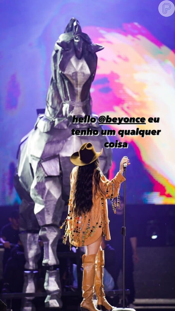 Bruna Marquezine foi ouvida por Ana Castela, que leva um cavalo cenográfico para seus shows: 'Para quem me julgou, hoje a Beyoncé me mandou mensagem falando assim: 'Ana, me empresta seu cavalo pra eu fazer a 'Renaissance Tour'?' Aí, eu falei: 'empresto, é para já'
