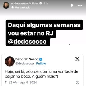 Andressa Urach se manifestou após Deborah Secco revelar vontade de beijar