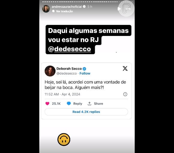 Andressa Urach se manifestou após Deborah Secco revelar vontade de beijar