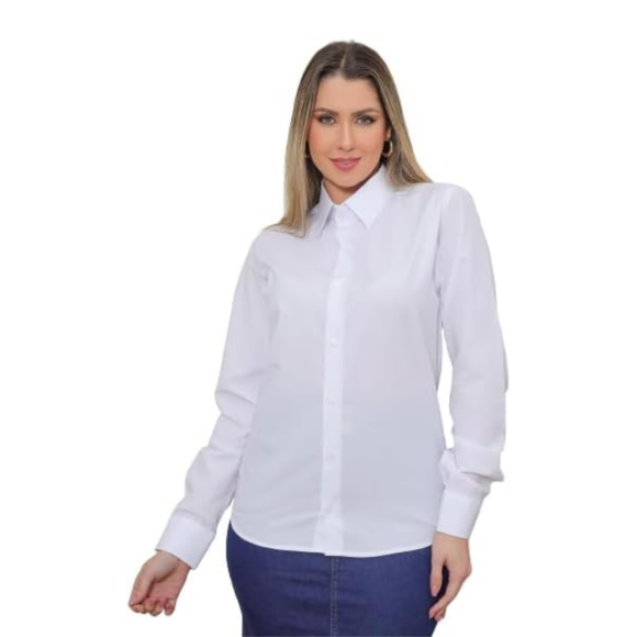 Camisa Feminina Social Branca com Manga Longa Slim, Pthirillo
