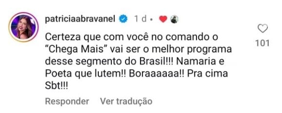 Patrícia Abravanel escreveu: 'Namaria [Ana Maria Braga] e [Patrícia] Poeta que lutem! Bora! Pra cima, SBT'