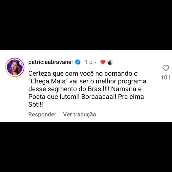 Patrícia Abravanel escreveu: 'Namaria [Ana Maria Braga] e [Patrícia] Poeta que lutem! Bora! Pra cima, SBT'