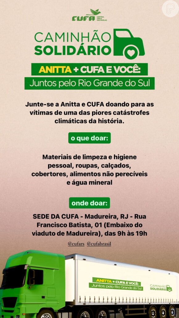 Tragédia das chuvas no Rio Grande do Sul fez Anitta disponibilizar um caminhão e pedir doações