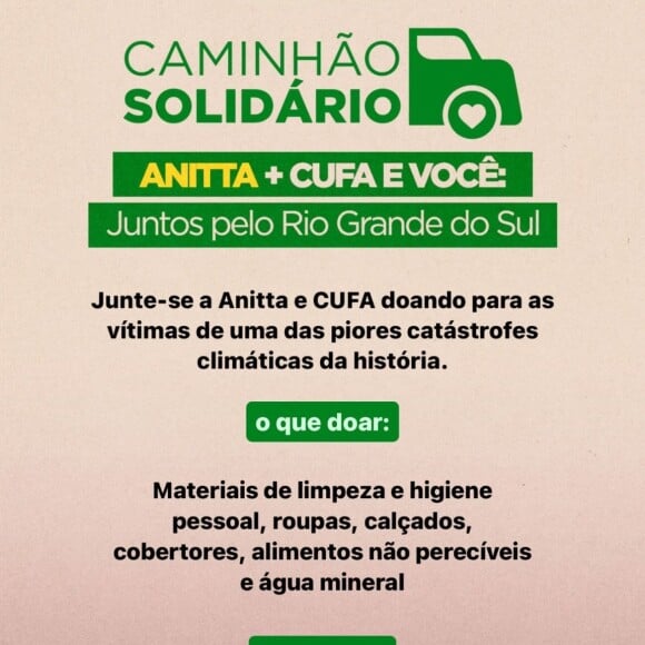 Tragédia das chuvas no Rio Grande do Sul fez Anitta disponibilizar um caminhão e pedir doações