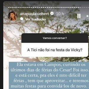 Ana Paula Siebert não se chateou e apoiou a ausência de Ticiane Pinheiro: 'Pra eles, é muito difícil ter férias, tem que aproveitar... E teremos muitas festas pra convidá-los de novo'