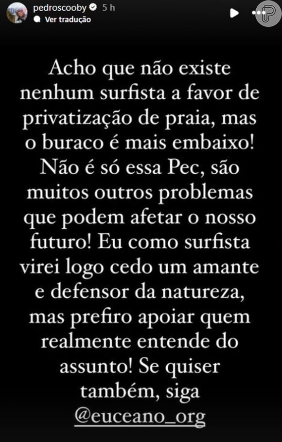 Pedro Scooby se manifestou claramente contra a privatização das praias, mas não citou Luana Piovani