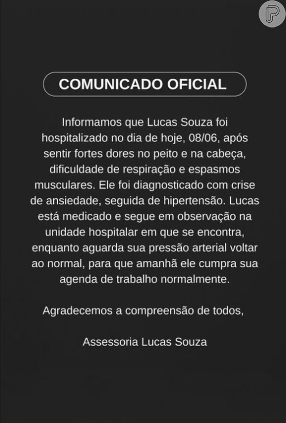 Lucas Souza chegou a ser hospitalizado após uma crise de ansiedade por conta do vídeo