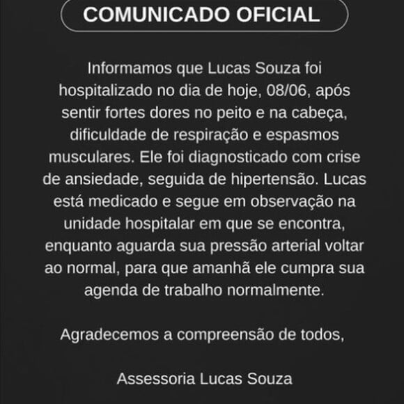 Lucas Souza chegou a ser hospitalizado após uma crise de ansiedade por conta do vídeo