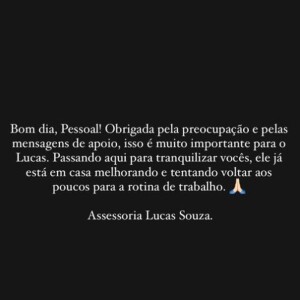 Neste domingo, 9 de junho de 2024, Lucas Souza deixou o hospital