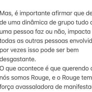 Aline prosseguiu afirmando que é desgastante lidar com as outras integrantes do Rouge