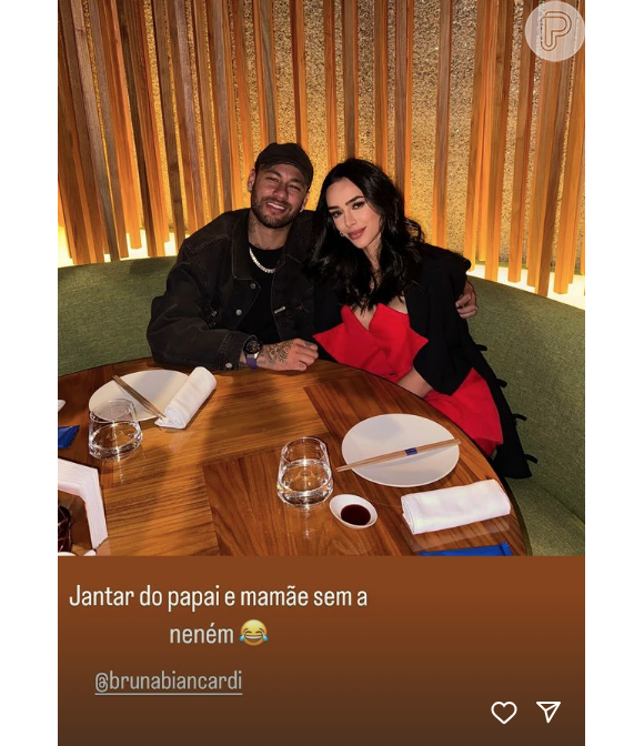 Neymar e Bruna Biancardi saíram para um jantar a sós sem Mavie neste sábado (27)