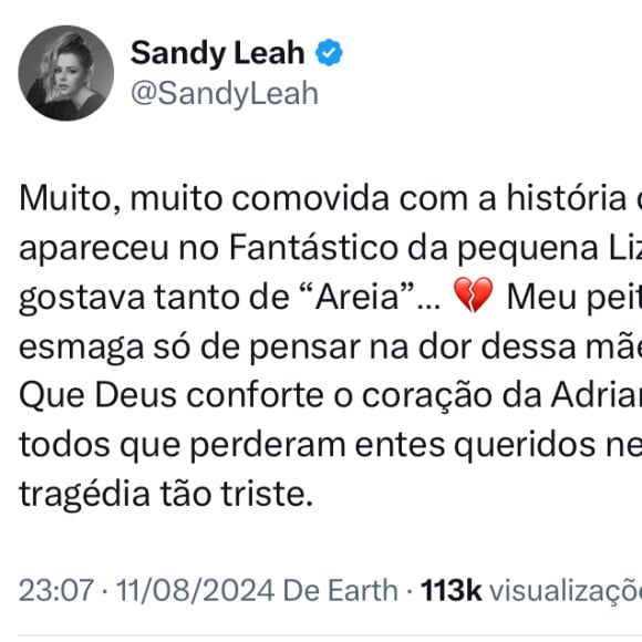 Sandy prestou condolências à mãe de Liz Ibba dos Santos, morta na tragédia de avião