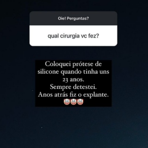 "Coloquei prótese de silicone quando tinha uns 23 anos. Sempre detestei. Anos atrás fiz o explante", disse Mônica Benini nos stories