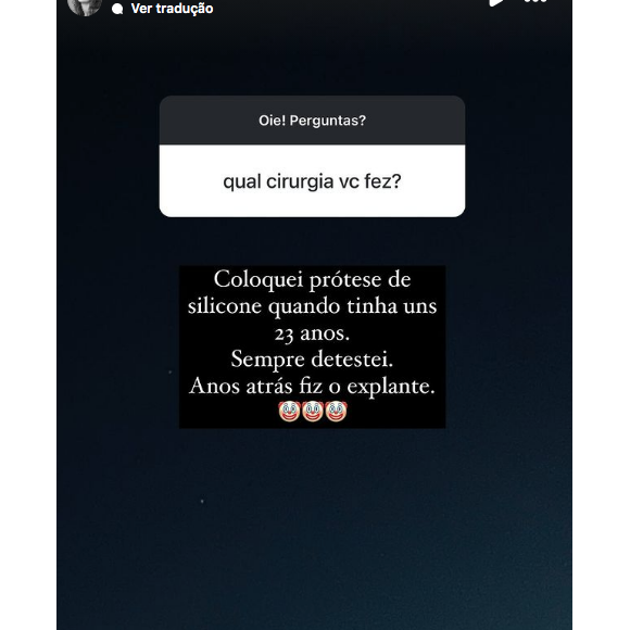 "Coloquei prótese de silicone quando tinha uns 23 anos. Sempre detestei. Anos atrás fiz o explante", disse Mônica Benini nos stories