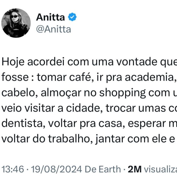 Dentre os desejos da cantora Anitta estão: tomar café, ir para academia, e trocas umas compras, por exemplo.