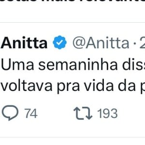 Mas Anitta fez questão de deixar claro que seria apenas por 1 semana.