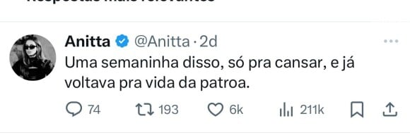 Mas Anitta fez questão de deixar claro que seria apenas por 1 semana.