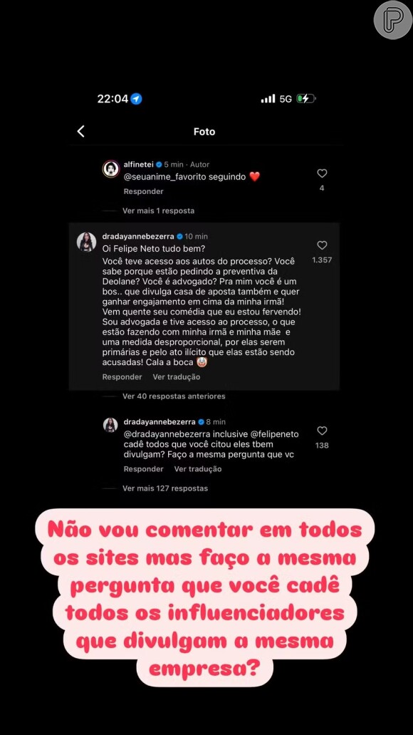 Dayanne Bezerra compra briga com Felipe Neto após youtuber 'alfinetar' Deolane