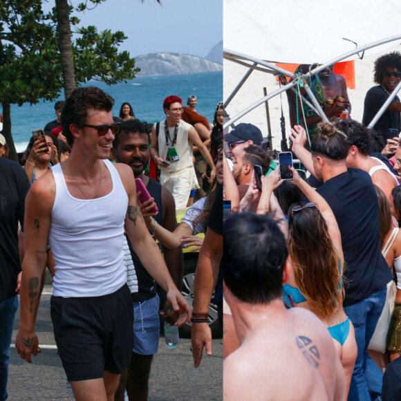 Com sorrisão no rosto, Shawn Mendes vai à praia de Ipanema e é cercado por uma multidão de fãs. Veja fotos!