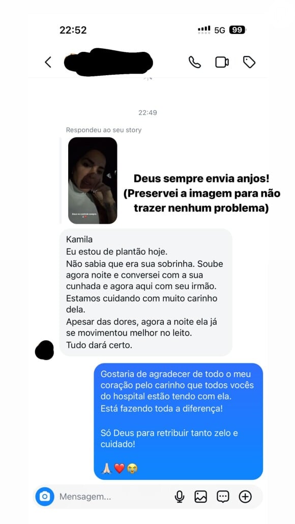 Kamila Simioni, tia de Valentina Simioni, agradeceu recuperação da sobrinha e tratamento dado à jovem no hospital Getúlio Vargas