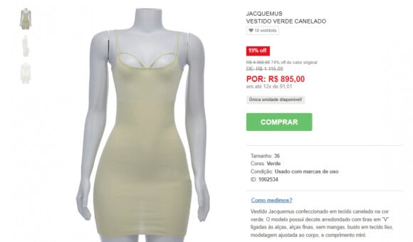 Vestido verde canelado está disponível no brechó de Bruna, na Troc.