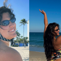 Filha de Flávia Alessandra, Giulia Costa posa de maiô fio-dental na praia e vira de costas para valorizar bumbum. Fotos!