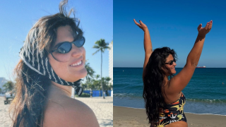 Filha de Flávia Alessandra, Giulia Costa posa de maiô fio-dental na praia e vira de costas para valorizar bumbum. Fotos!