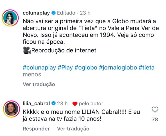 Nesta semana, a Coluna Play, do Jornal O Globo, publicou um vídeo nas redes sociais com a vinheta da novela (edição de 1994), para o público conferir.