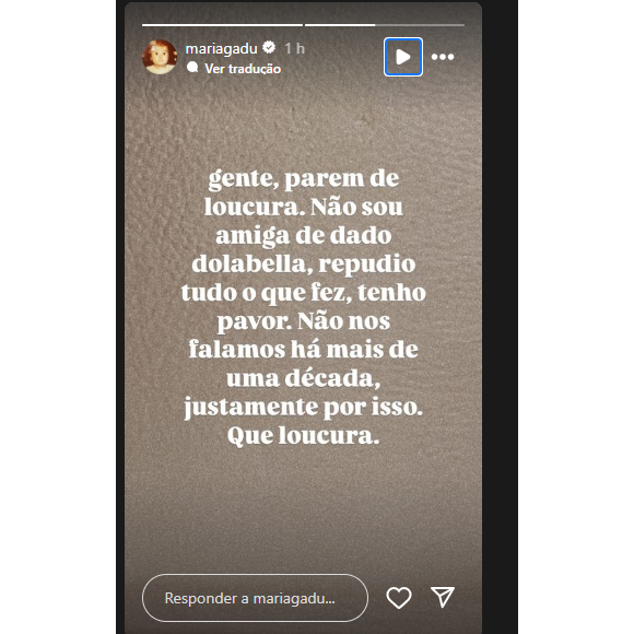 Maria Gadú reforçou: 'Gente, parem de loucura. Não sou amiga de Dado Dolabella, repudio tudo que fez, tenho pavor. Não nos falamos há mais de uma década'