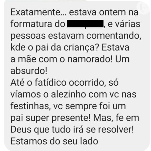 Na mensagem, a mãe diz que Alexandre Correa sempre ia sozinho às festas do colégio do filho