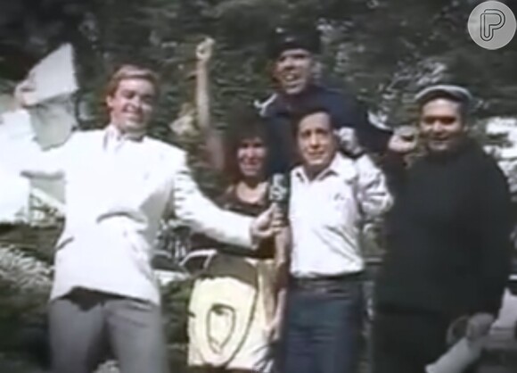 Gugu ao lado de Roberto Gomez Bolanõs, criador do seriado 'Chaves', Florinda Meza, Edgar Vivar e Rubén Aguirre