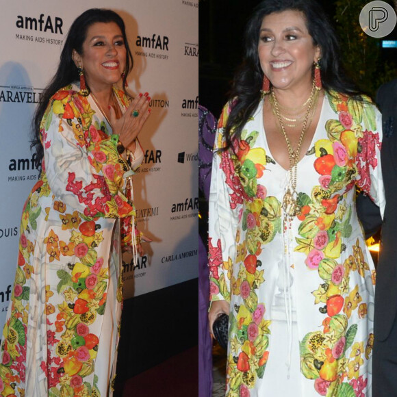 A apresentadora Regina Casé repetiu o look do casamento de Thiaguinho e Fernanda Souza no baile de gala amfAR