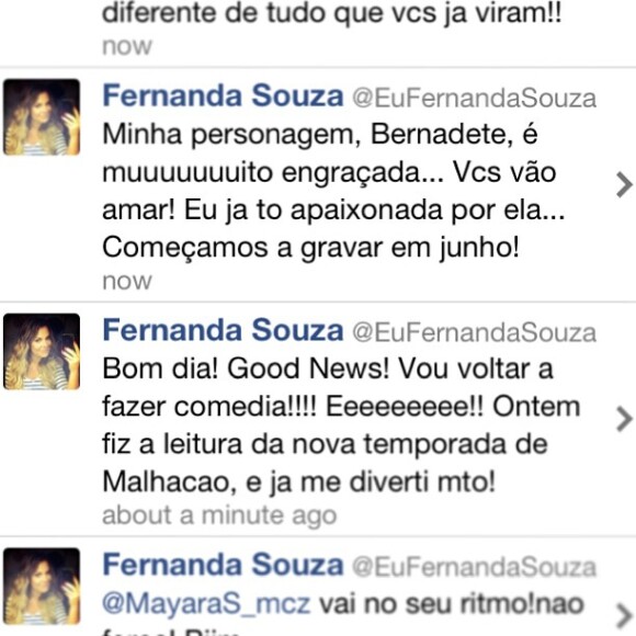 Fernanda Souza comemora nas redes sociais a sua volta à TV